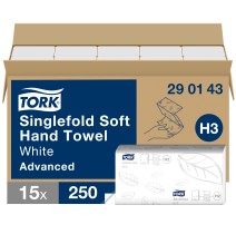 Rankų valymo servetėlės TORK Soft Singlefold H3, 290143, 2 sl., 250 serv., 23 x 22,6 cm, balta sp.