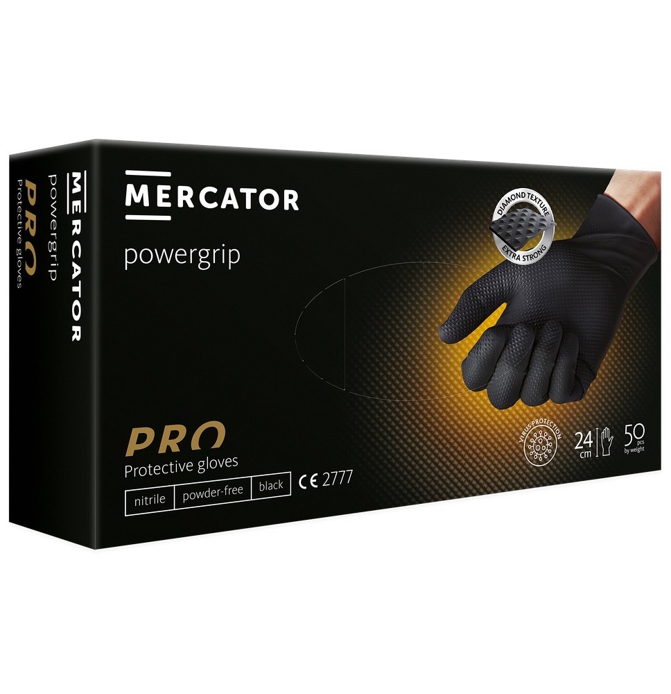 Viekartinės pirštinės MERCATOR Powergrip, nitrilinės, juodos, L dydis, 50 vnt