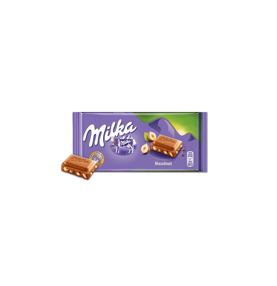 Šokoladas MILKA, su skaldytais lazdyno riešutais, 100 g