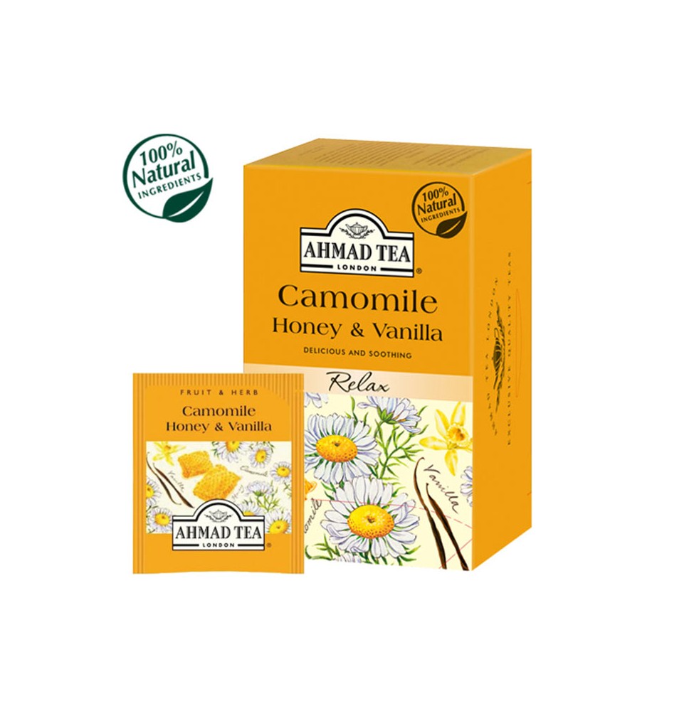 Vaisių ir žolelių arbata AHMAD Camomile Honey & Vanilla, 20 arbatos pakelių x 2 g, vokeliuose