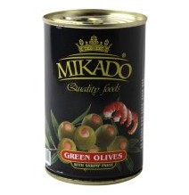 Alyvuogės MIKADO, su krevečių įdaru, M dydis, 300 g / 110 g