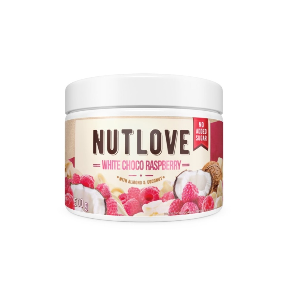 Balto šokolado kremas NUTLOVE ALLNUTRITION su  kokosu, migdolais ir avietėmis, 500g