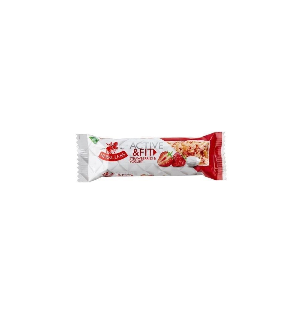 Javainių batonėlis HERKULESS Active&Fit, su braškėmis ir jogurtu, 25 g