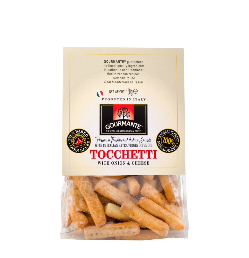 Krekeriai Tocchetti GOURMANTE, su svogūnais ir sūriu, 150 g