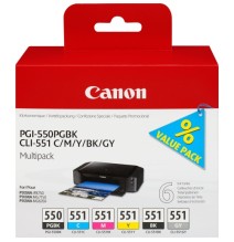 Canon PGI-550/CLI-551 (6496B005) 6 kasečių komplektas rašaliniams spausdintuvams, PGBK/C/M/Y/BK/GY