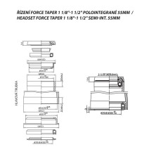 Vairo kolonėlė FORCE TAPER 1 1/8"-1 1/2" pusiau integruota 55 mm (aliuminė, juoda)