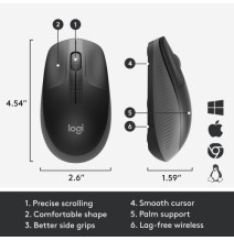 Logitech M190 Full-Size Belaidė pelė, RF Wireless, 1000 DPI, Charcoal