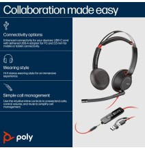 Poly Blackwire 5220 Stereo Laidinės ausinės, USB-C, 3.5mm, USB-C/A Adapter (Bulk), Juoda