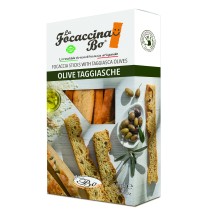 Duonos lazdelės FOCACCINA, Olive Taggiasche, su alyvuogėmis, ryžių aliejumi, 100 g