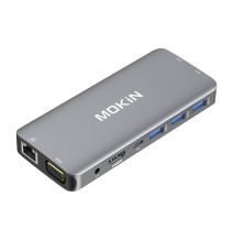 MOKiN 10 in 1 Adapter Hub USB-C to 3x USB 3.0 + USB-C charging + HDMI + 3.5mm audio + VGA + 2x RJ45 + Micro SD Reader (silver)