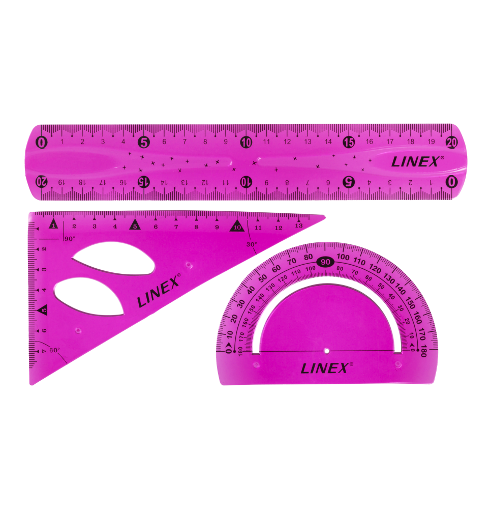 Lanksčių liniuočių rinkinys Linex su 20 cm liniuote, matlankiu ir trikampę liniuote, rožinis