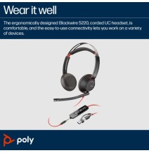 Poly Blackwire 5220 Stereo Laidinės ausinės, USB-C, 3.5mm, USB-C/A Adapter, Juoda